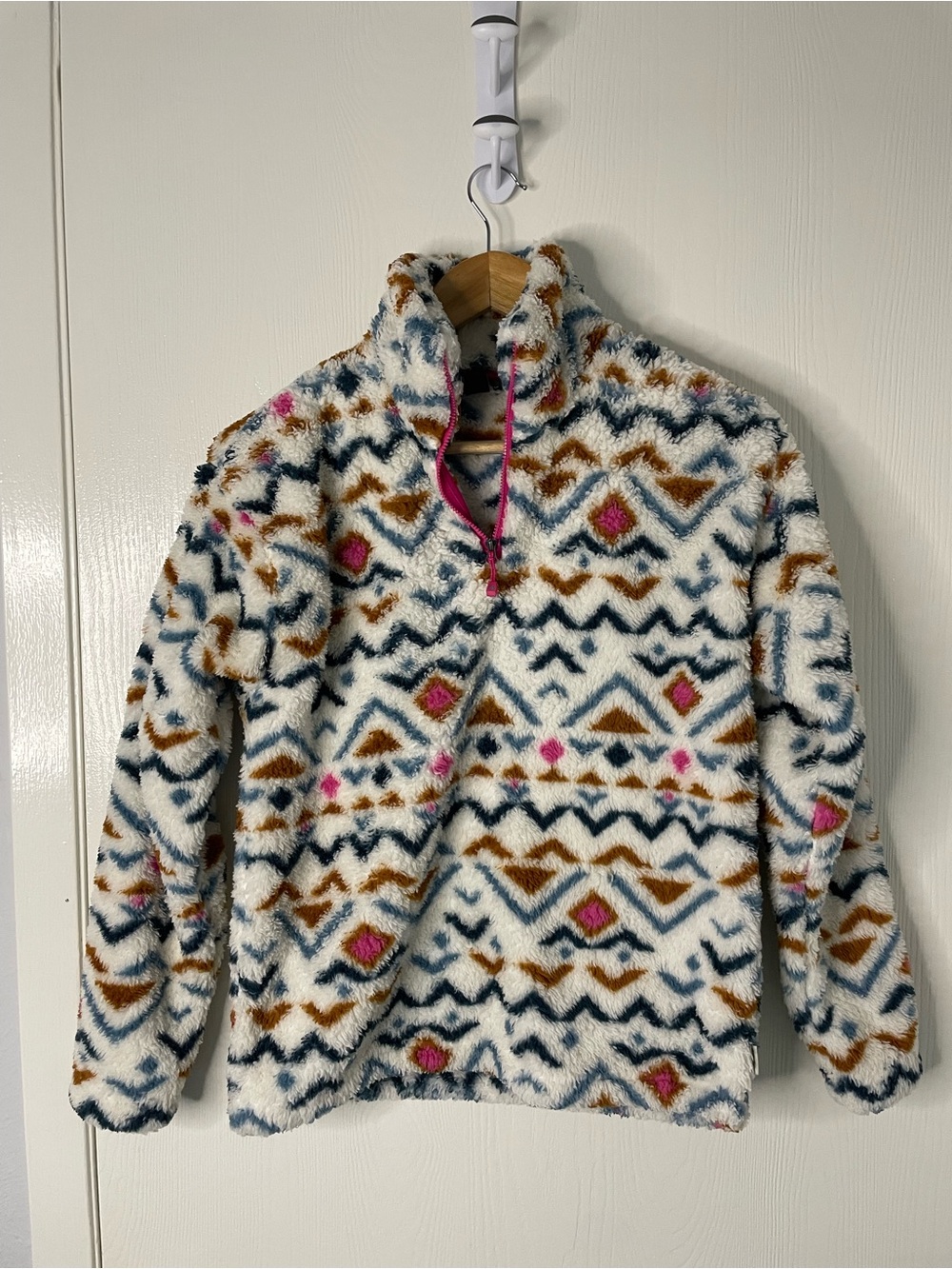 Eddie Bauer XS Faux Fur Sherpa Fleece Geometric Quarter Zip Pullover